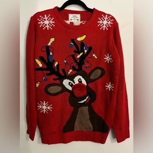 Daisy Boutique Womens Large NWT Oh Deer Christmas Sweater Red Pom Pom Lights